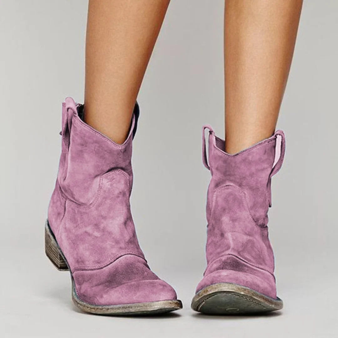 Women's distressed western-style suede ankle boots with low block heel – Purple
