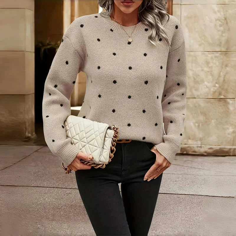 Women's dotted knit sweater with crew-neck and long sleeves