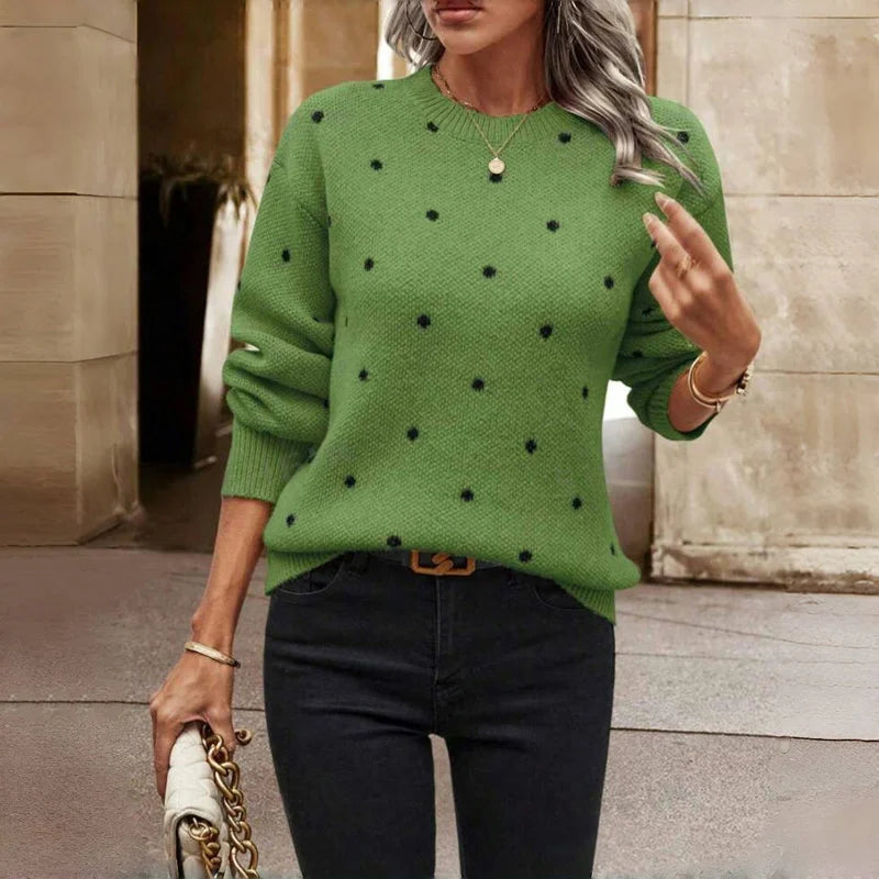 Women's dotted knit sweater with crew-neck and long sleeves – Green