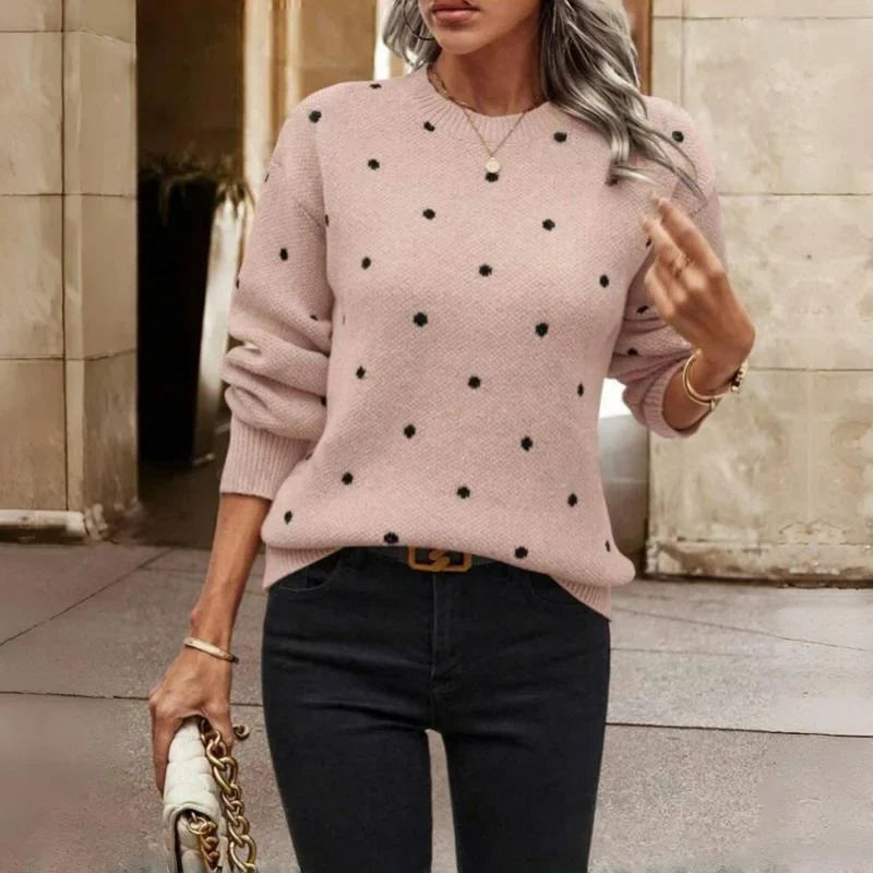 Women's dotted knit sweater with crew-neck and long sleeves – Pink