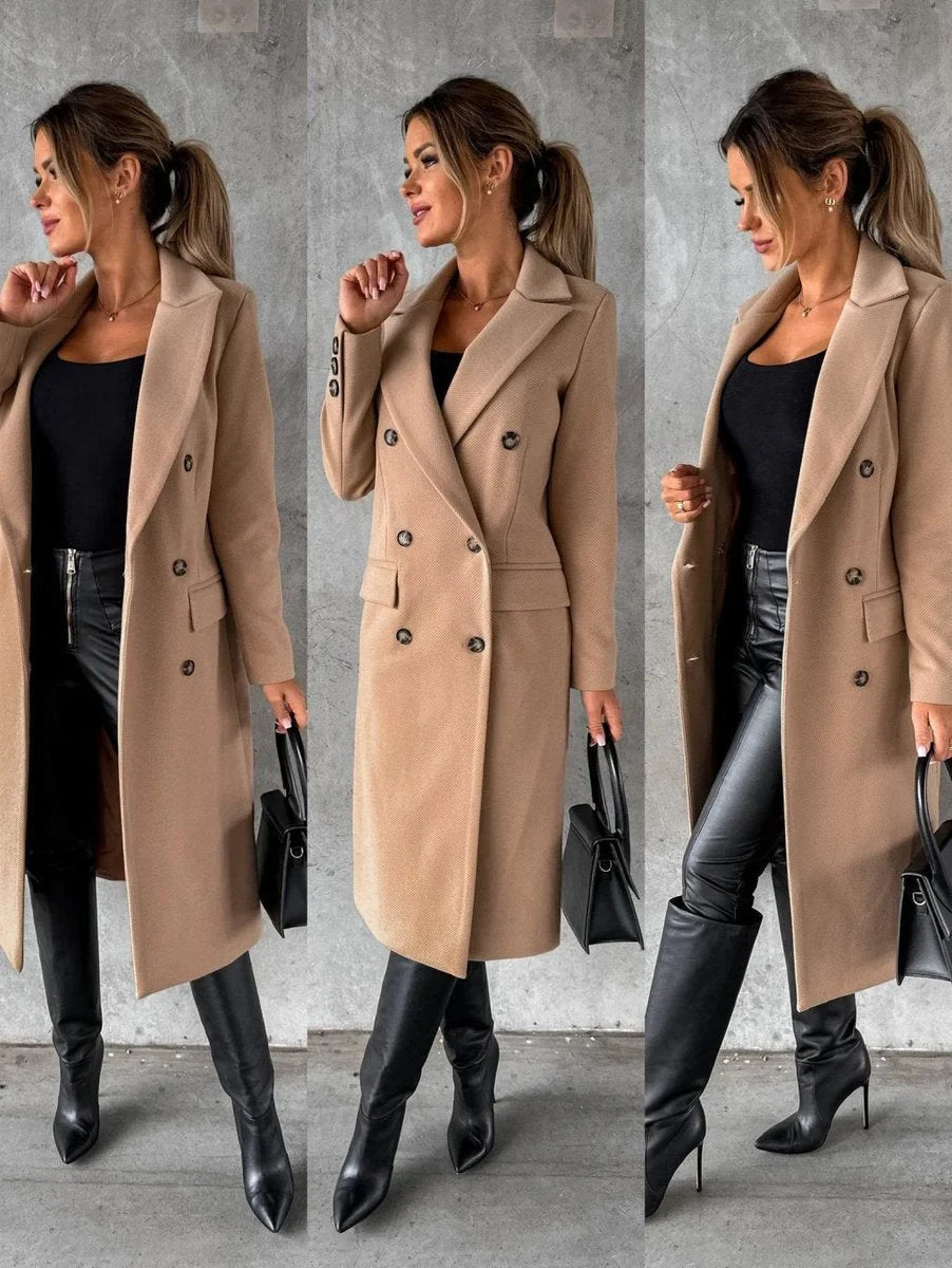 Women's double-breasted long-sleeve midi overcoat