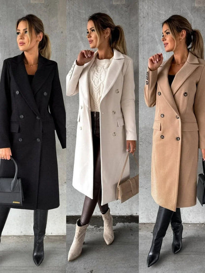 Women's double-breasted long-sleeve midi overcoat