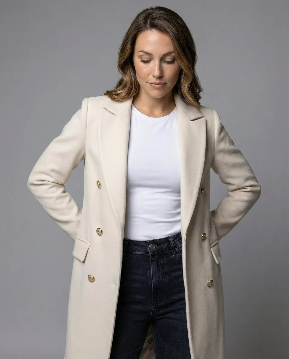 Women's double-breasted long-sleeve midi overcoat