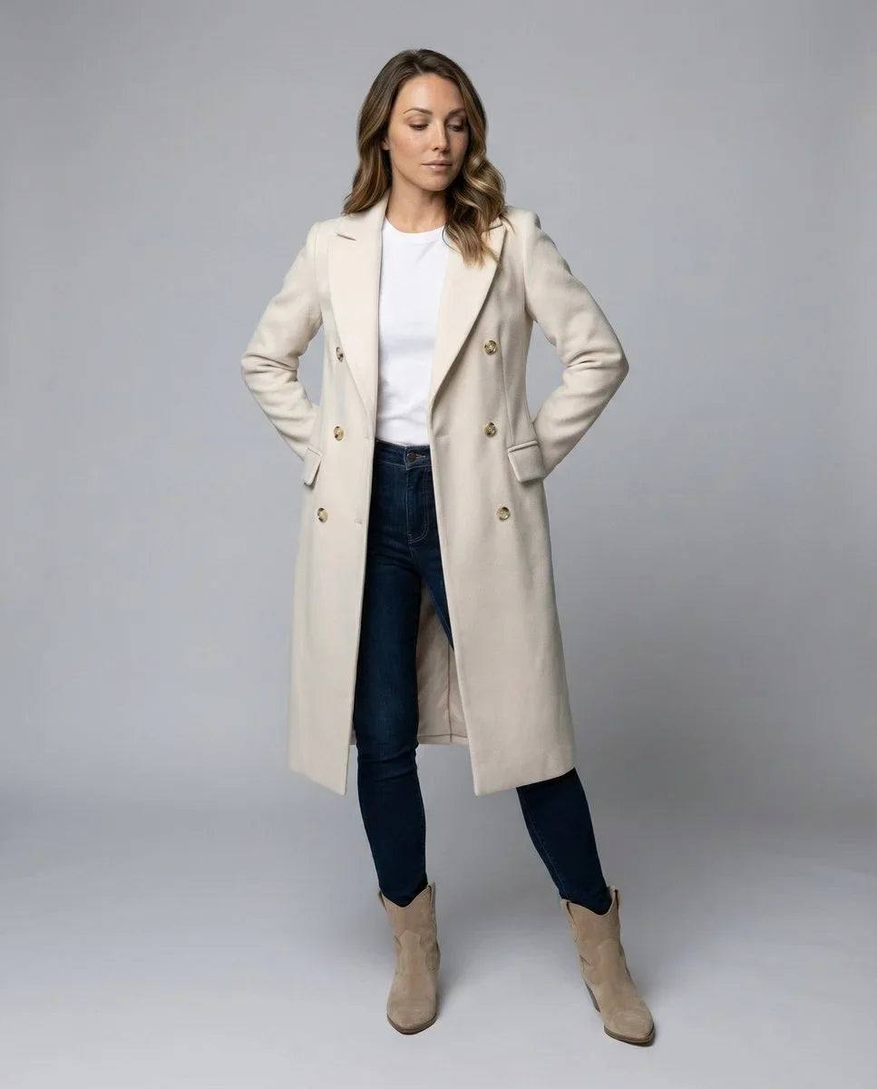 Women's double-breasted long-sleeve midi overcoat