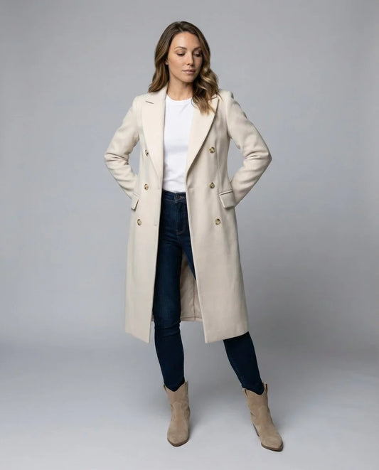 Women's double-breasted long-sleeve midi overcoat