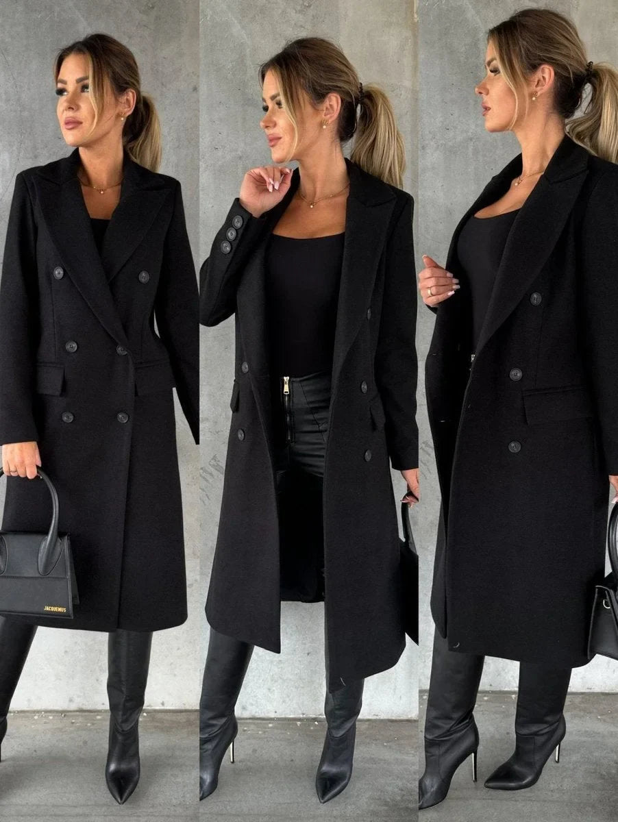 Women's double-breasted long-sleeve midi overcoat