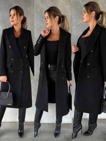 Women's double-breasted long-sleeve midi overcoat