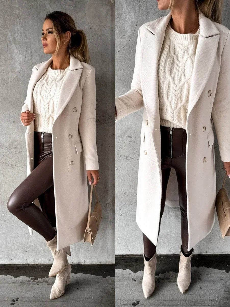Women's double-breasted long-sleeve midi overcoat