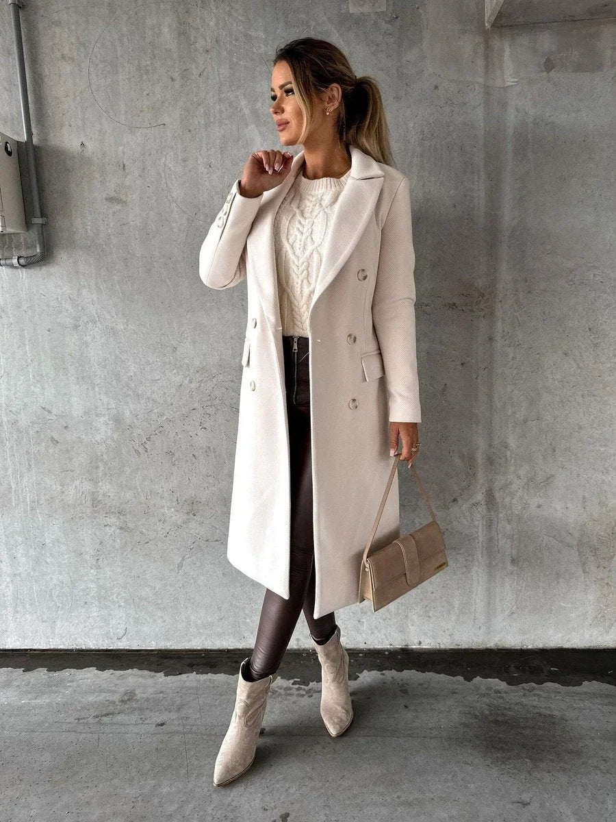 Women's double-breasted long-sleeve midi overcoat – Beige