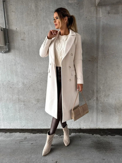 Women's double-breasted long-sleeve midi overcoat – Beige