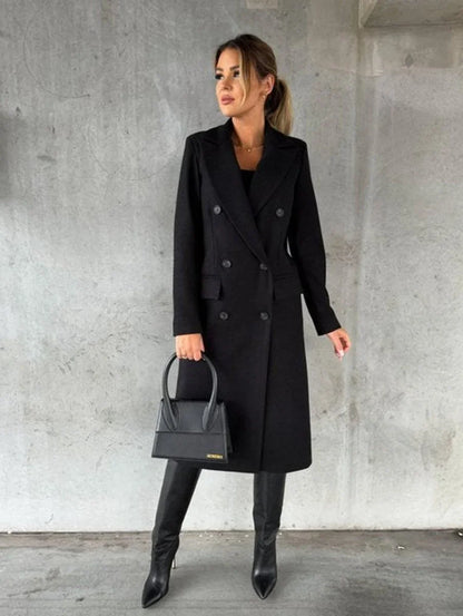 Women's double-breasted long-sleeve midi overcoat – Black