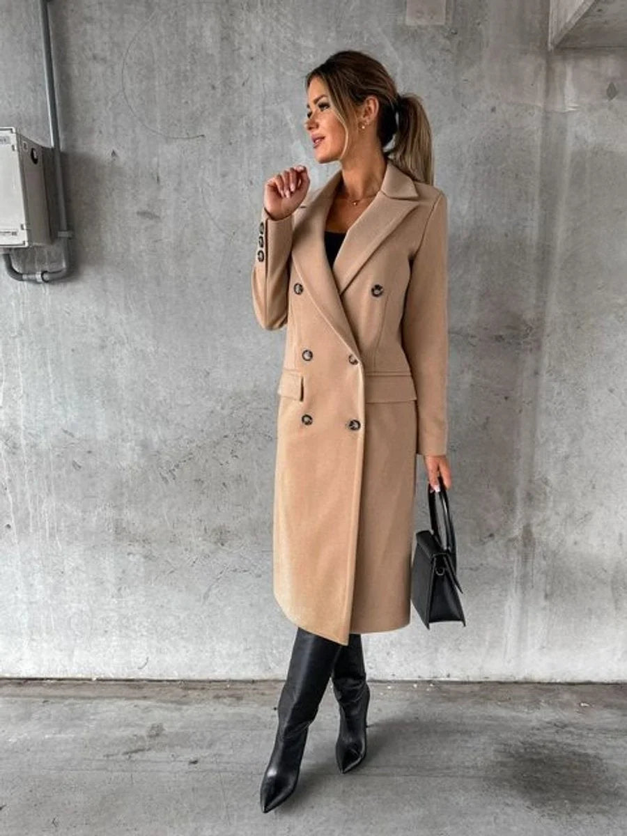 Women's double-breasted long-sleeve midi overcoat – Khaki