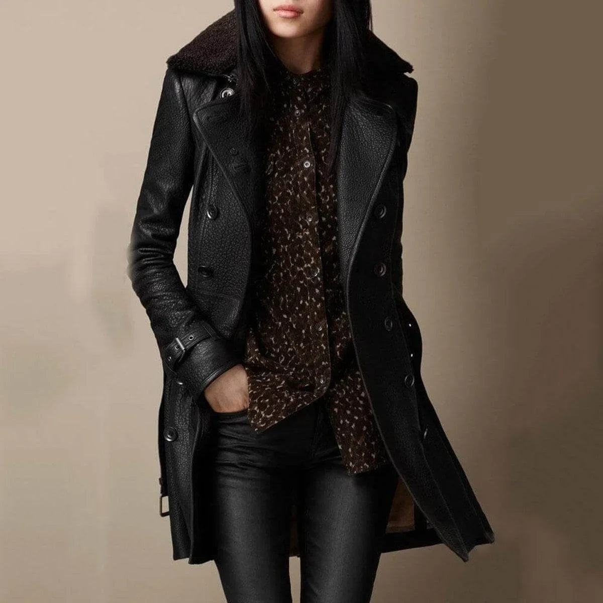 Women's double-breasted shearling-collar leather trench coat – Black