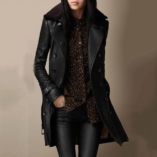 Women's double-breasted shearling-collar leather trench coat – Black