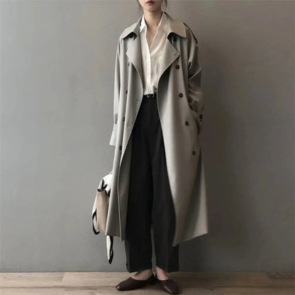 Women's double-breasted water-repellent long trench coat – Gray