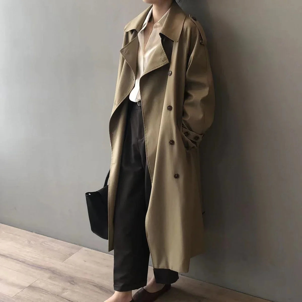 Women's double-breasted water-repellent long trench coat – Khaki