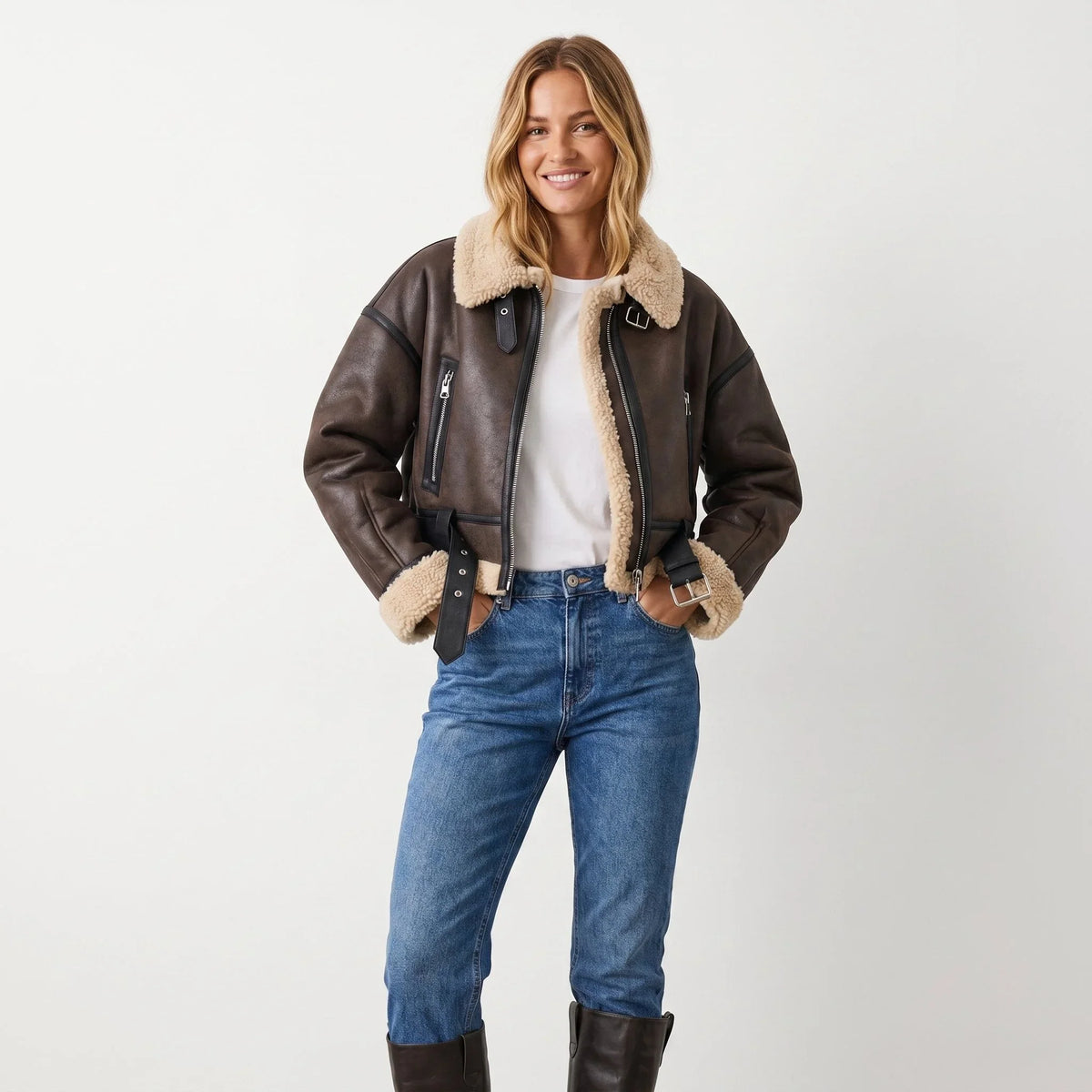 Women's double-sided shearling bomber jacket