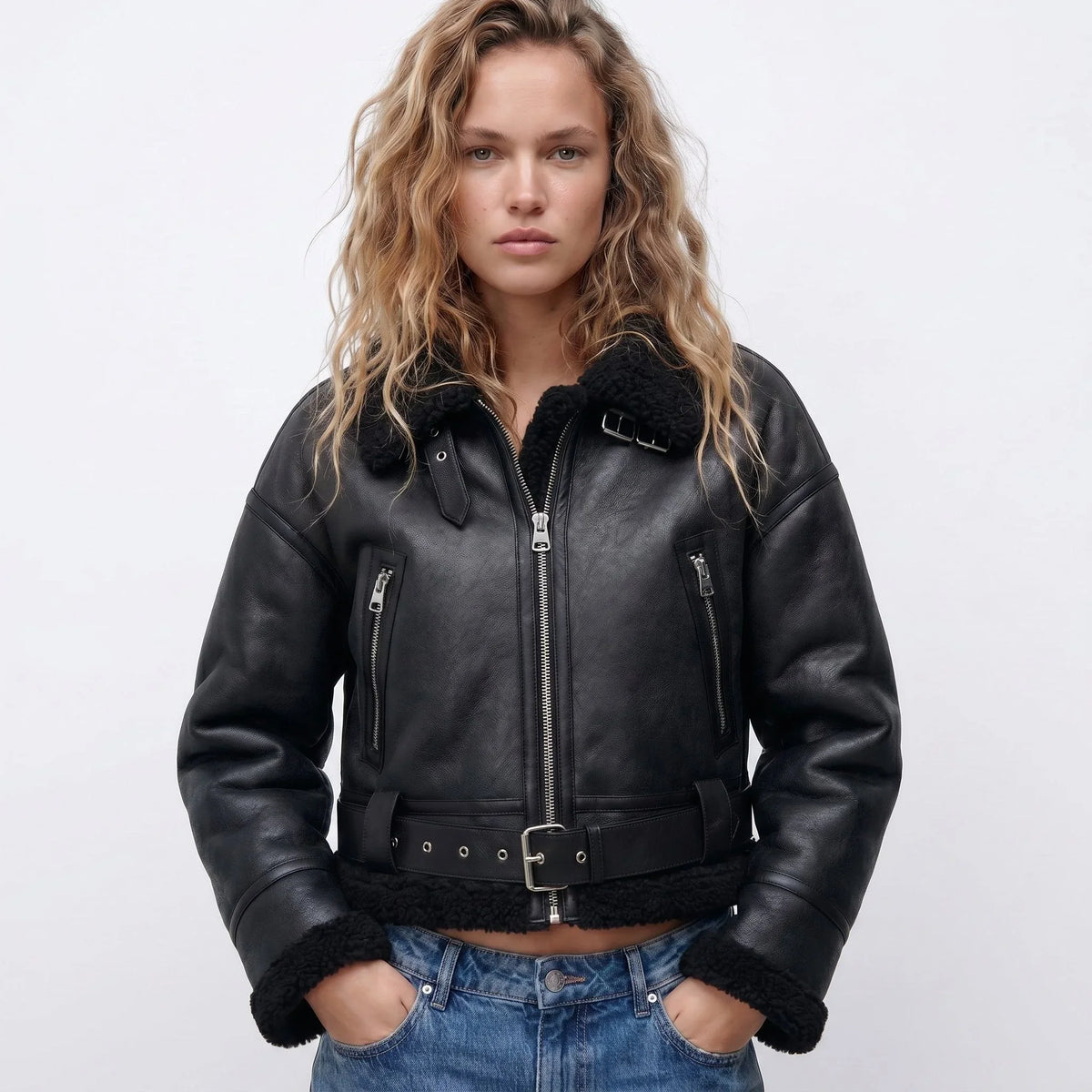 Women's double-sided shearling bomber jacket – Black