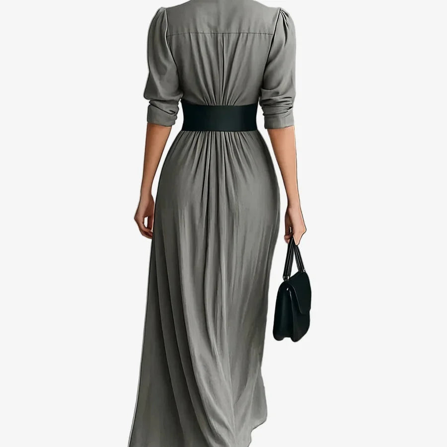 Women's draped long sleeve midi dress with collared V-neck button-front