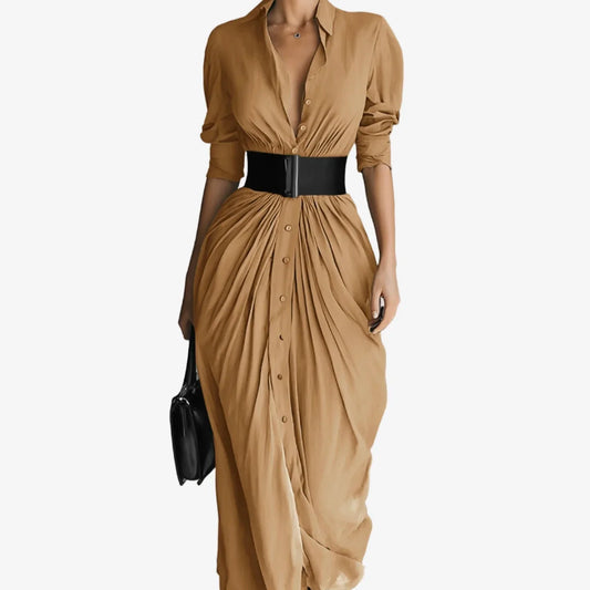 Women's draped long sleeve midi dress with collared V-neck button-front – Beige