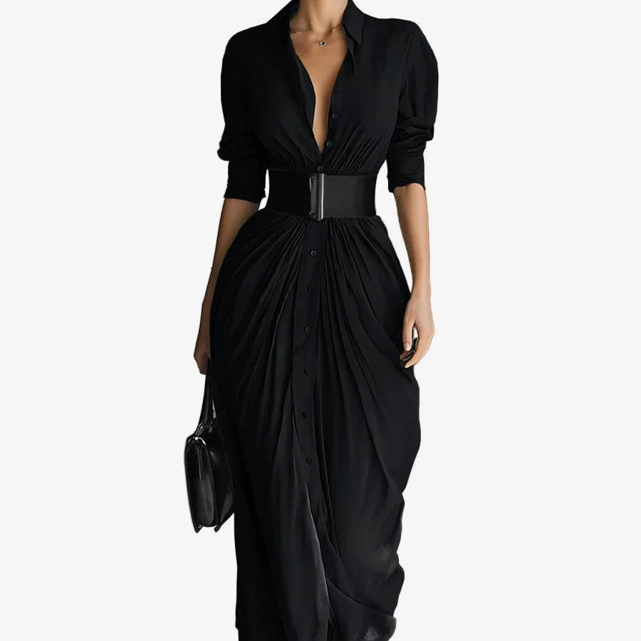 Women's draped long sleeve midi dress with collared V-neck button-front – Black