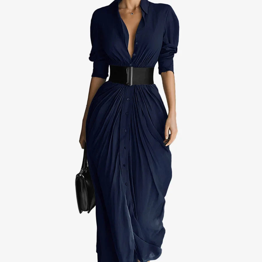 Women's draped long sleeve midi dress with collared V-neck button-front – Blue
