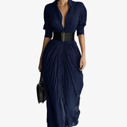 Women's draped long sleeve midi dress with collared V-neck button-front – Blue