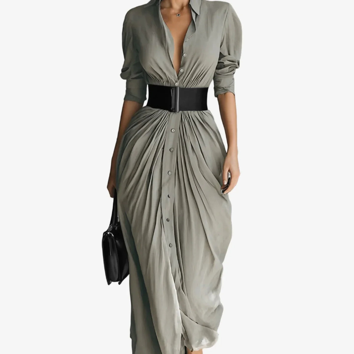 Women's draped long sleeve midi dress with collared V-neck button-front – Grey