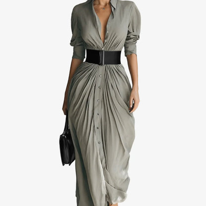 Women's draped long sleeve midi dress with collared V-neck button-front – Grey