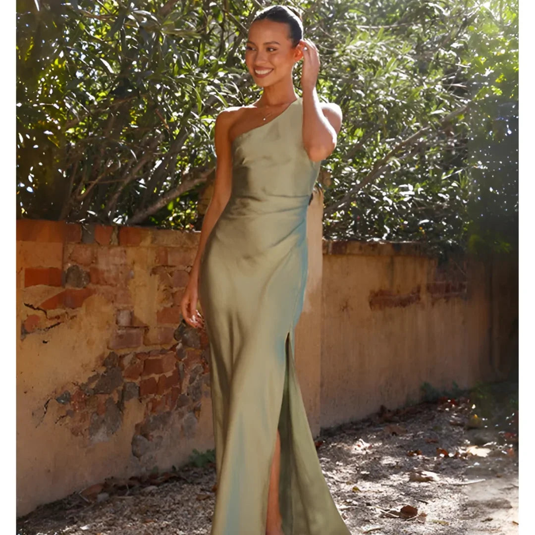 Women's draped satin maxi dress with one-shoulder and high side slit – Green