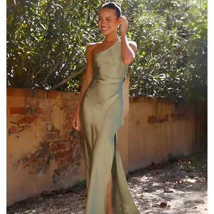 Women's draped satin maxi dress with one-shoulder and high side slit – Green