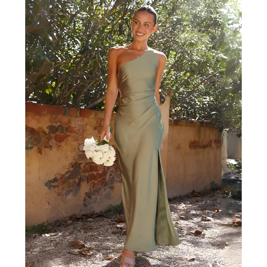 Women's draped satin maxi dress with one-shoulder and high side slit – Green