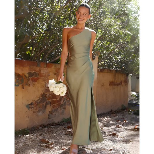 Women's draped satin maxi dress with one-shoulder and high side slit – Green