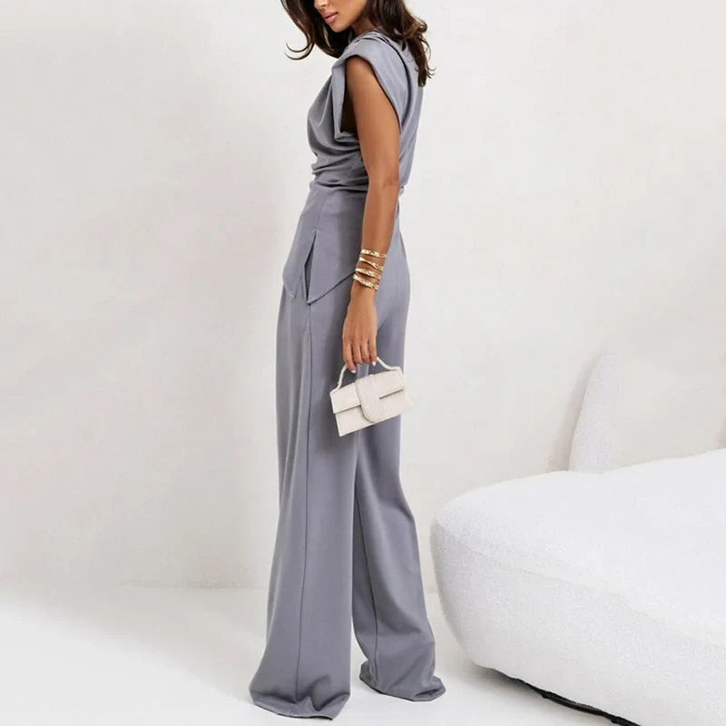 Women's knit matching set with cowl neck wrap top and wide-leg trousers