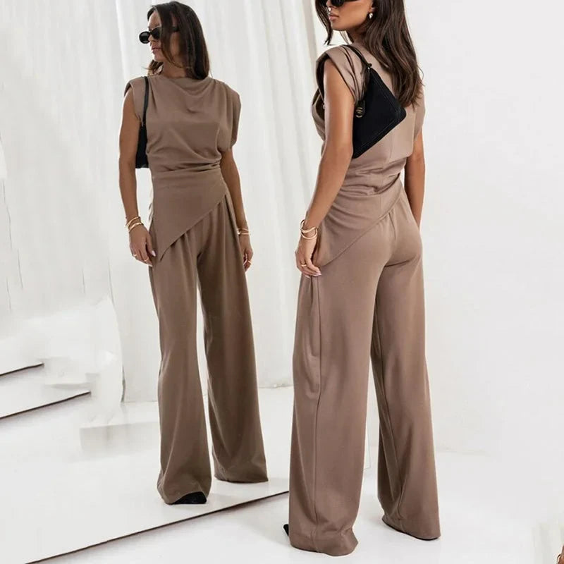 Women's knit matching set with cowl neck wrap top and wide-leg trousers