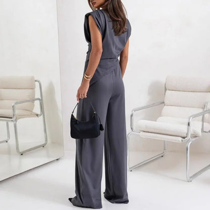 Women's knit matching set with cowl neck wrap top and wide-leg trousers