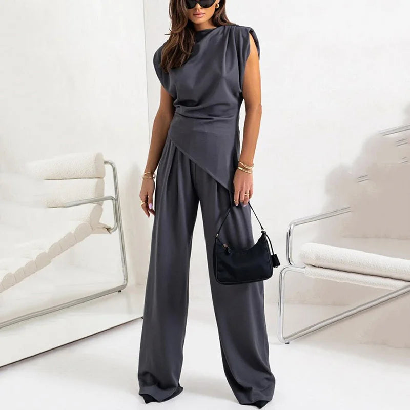 Women's knit matching set with cowl neck wrap top and wide-leg trousers