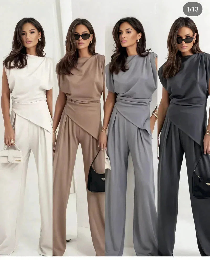Women's knit matching set with cowl neck wrap top and wide-leg trousers