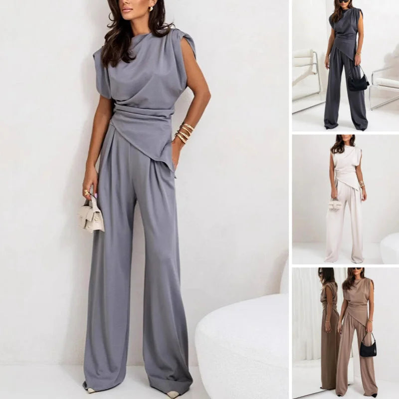Women's knit matching set with cowl neck wrap top and wide-leg trousers