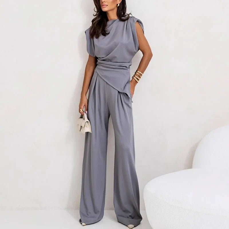 Women's knit matching set with cowl neck wrap top and wide-leg trousers