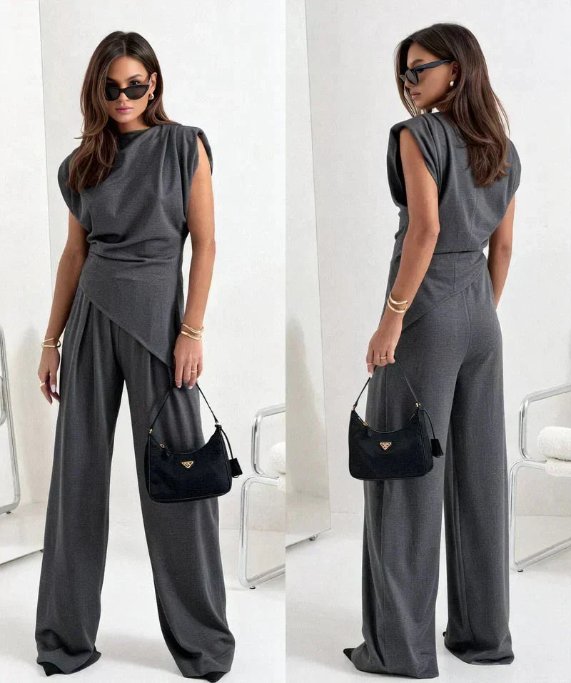 Women's knit matching set with cowl neck wrap top and wide-leg trousers