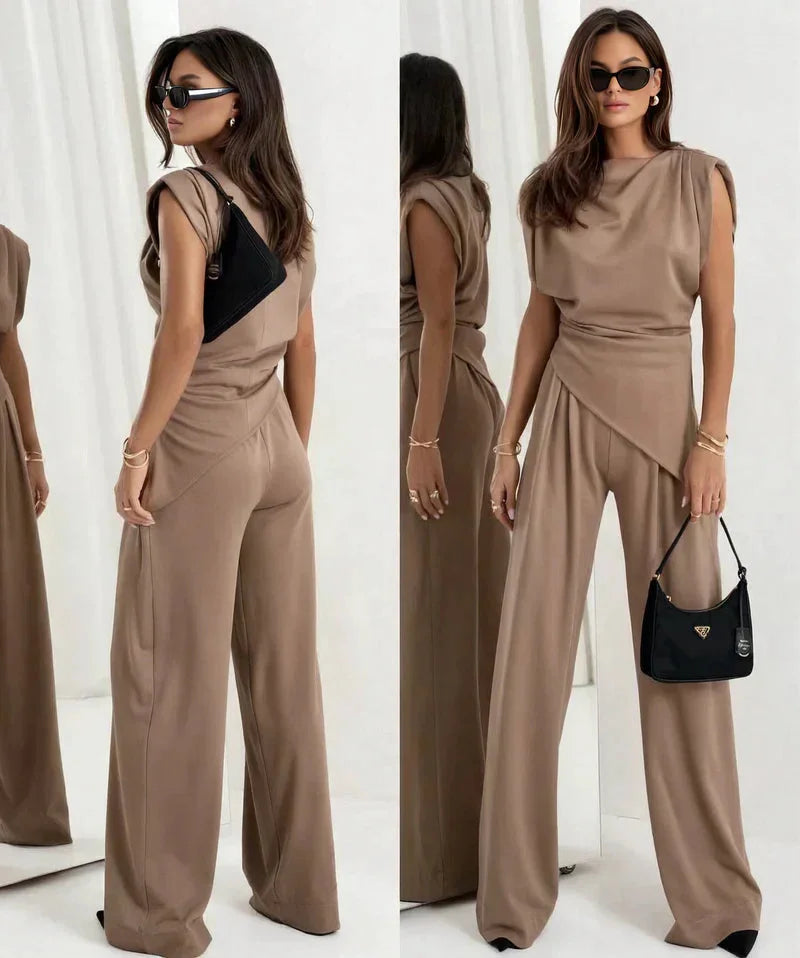 Women's knit matching set with cowl neck wrap top and wide-leg trousers