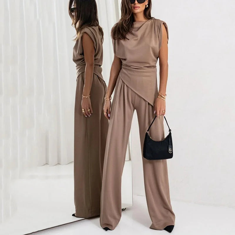 Women's knit matching set with cowl neck wrap top and wide-leg trousers – Khaki