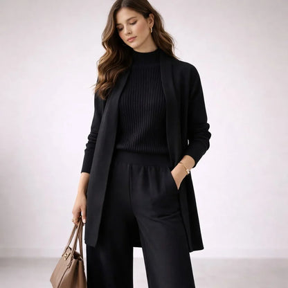 Women's three-piece knit lounge set evening gown cardigan – Black