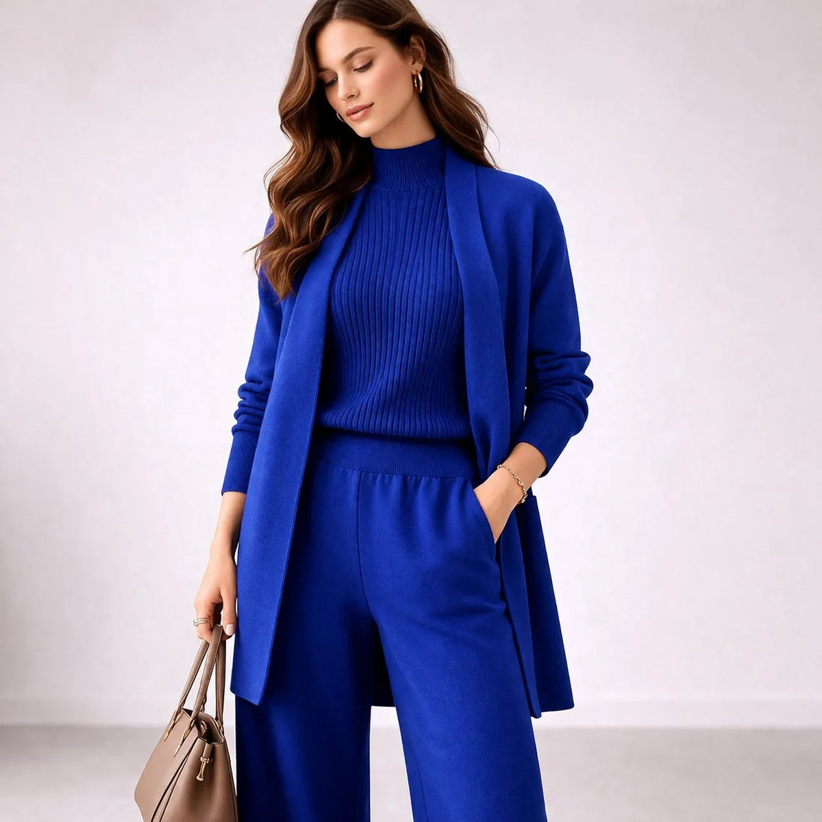 Women's three-piece knit lounge set evening gown cardigan – Blue