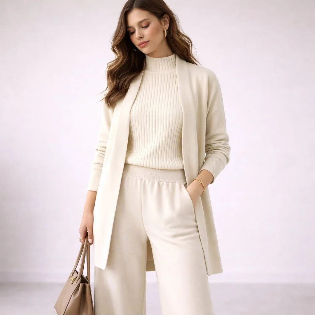 Women's three-piece knit lounge set evening gown cardigan – White