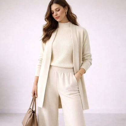 Women's three-piece knit lounge set evening gown cardigan – White