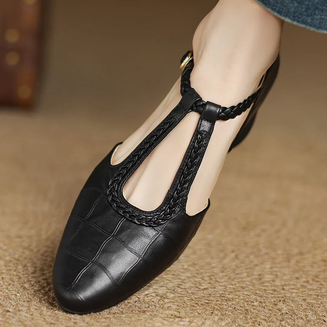Women's embossed leather pointed-toe T-strap Mary Jane flats with braided buckle