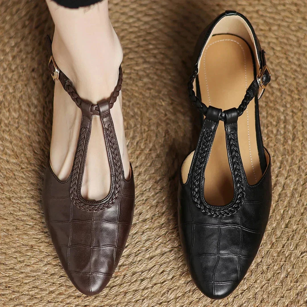 Women's embossed leather pointed-toe T-strap Mary Jane flats with braided buckle