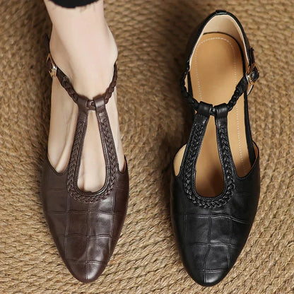 Women's embossed leather pointed-toe T-strap Mary Jane flats with braided buckle
